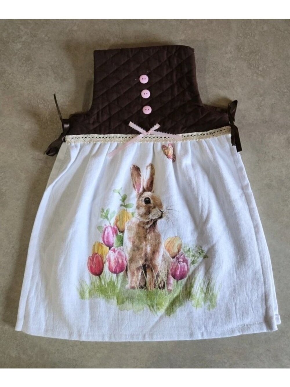 Handmade Quilted Top Kitchen Towel With Bunny & Tulip Design Tied Sides Brown &